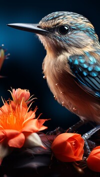 Ptak w zbliżeniu i pomarańczowe kwiaty