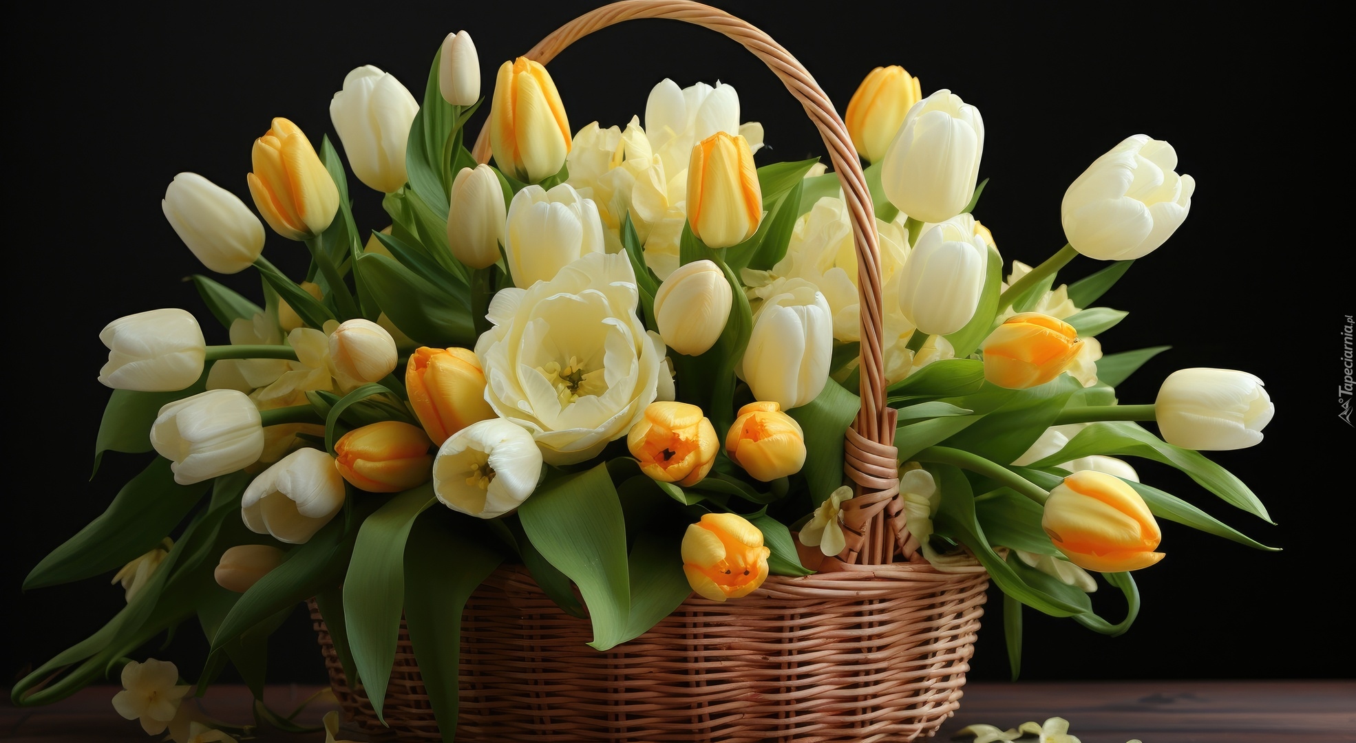 Kwiaty, Białe, Żółte, Tulipany, Listki, Koszyk