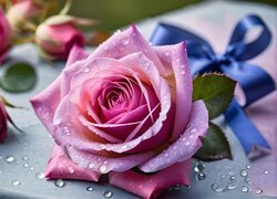 Różowa róża z niebieską kokardką