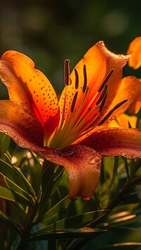 Krople na rozświetlonej pomarańczowej lilii