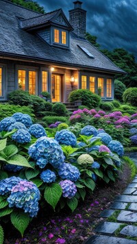 Oświetlony dom i kolorowe hortensje w ogrodzie
