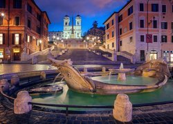 Włochy, Rzym, Plac Piazza di Spagna - Plac Hiszpański, Schody Hiszpańskie, Fontana della Barcaccia, Noc, Światła
