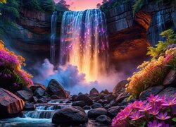 Kolorowe kwiaty przy rzece i rozświetlonym wodospadzie na skałach