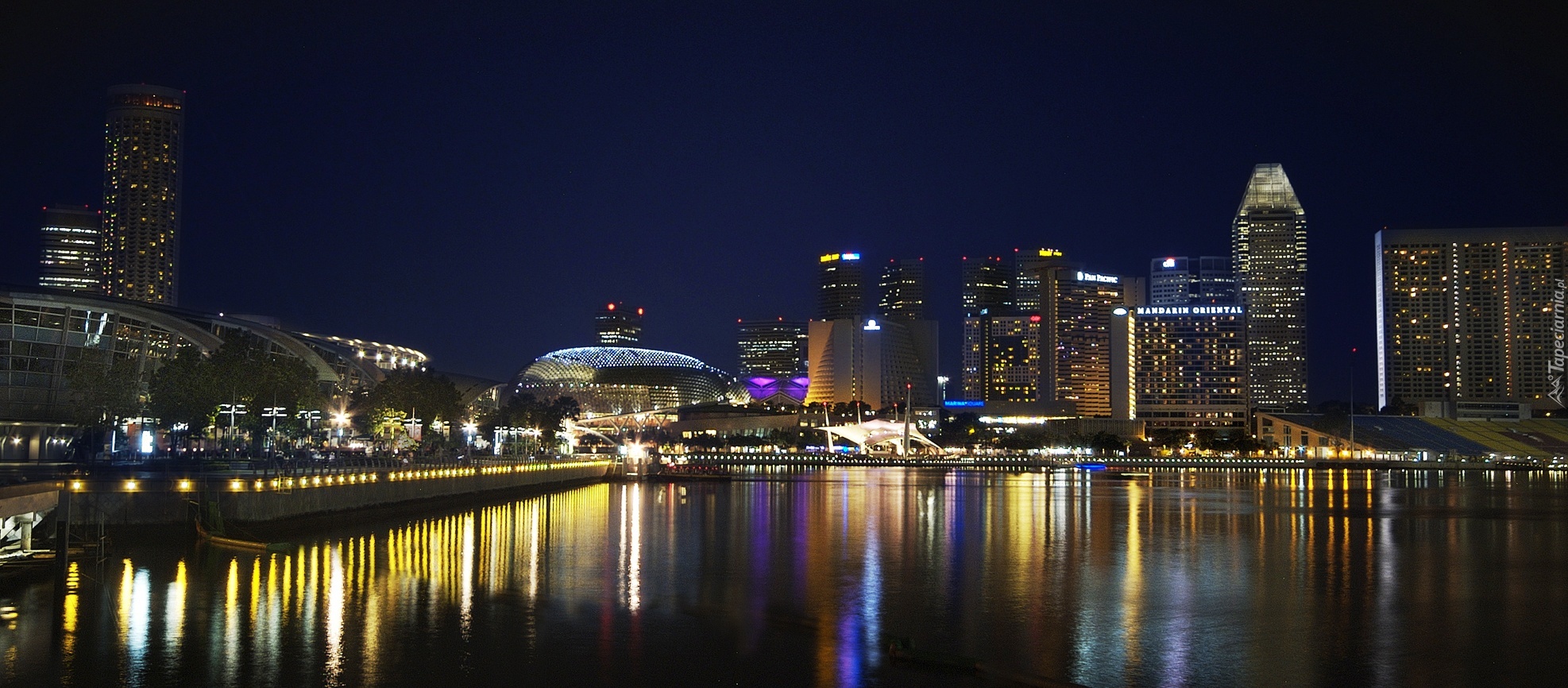 Singapur, Nocą, Morze, Odbicie