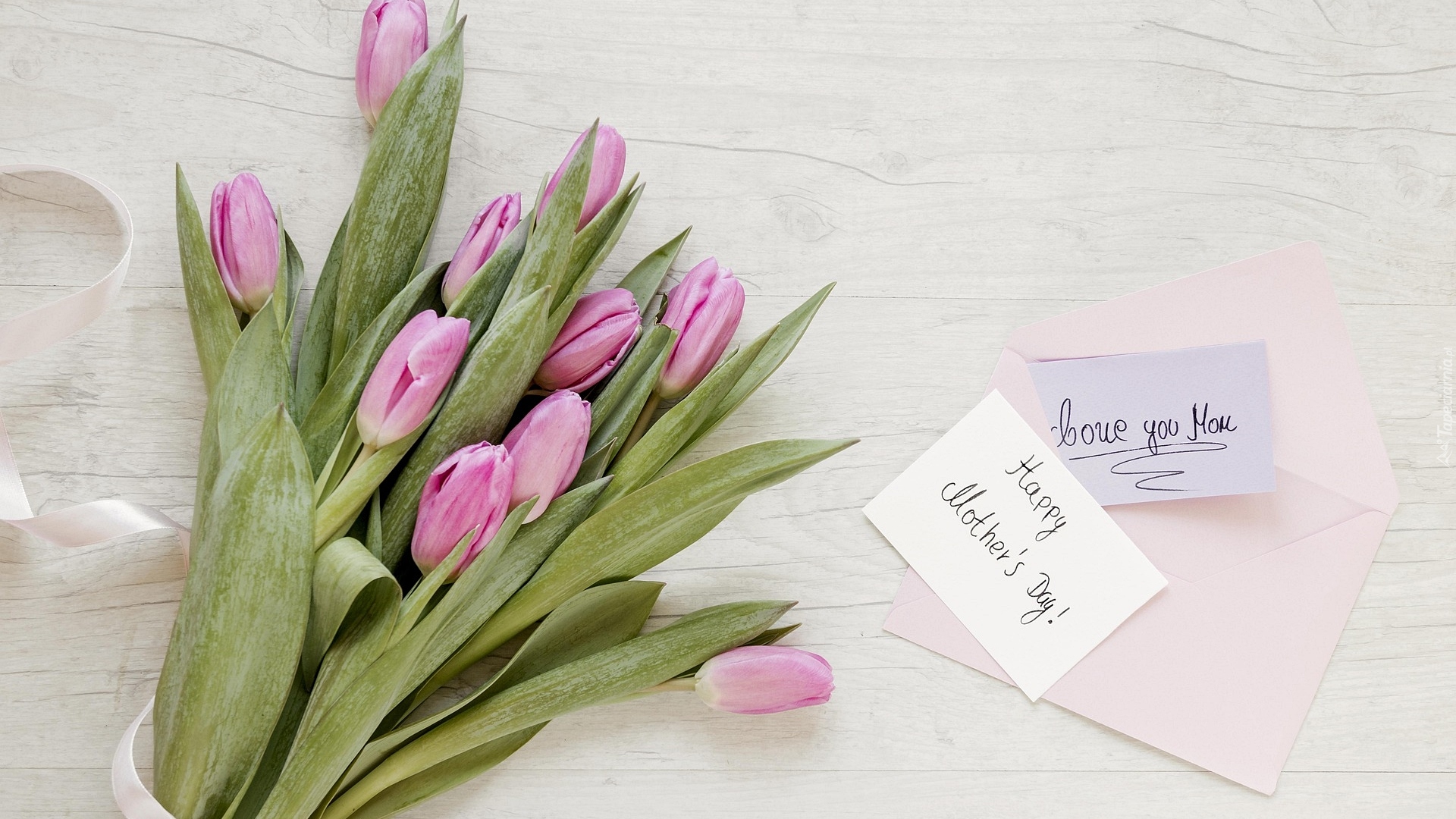 Różowe, Tulipany, Kartka, Życzenia, Dzień Matki