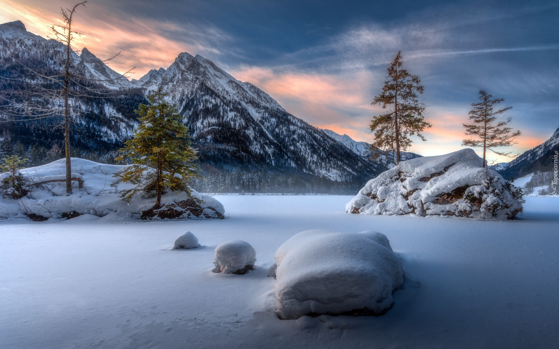 Zasypane, Śniegiem, Jezioro Hintersee, Góry, Drzewa, Niemcy, Bawaria