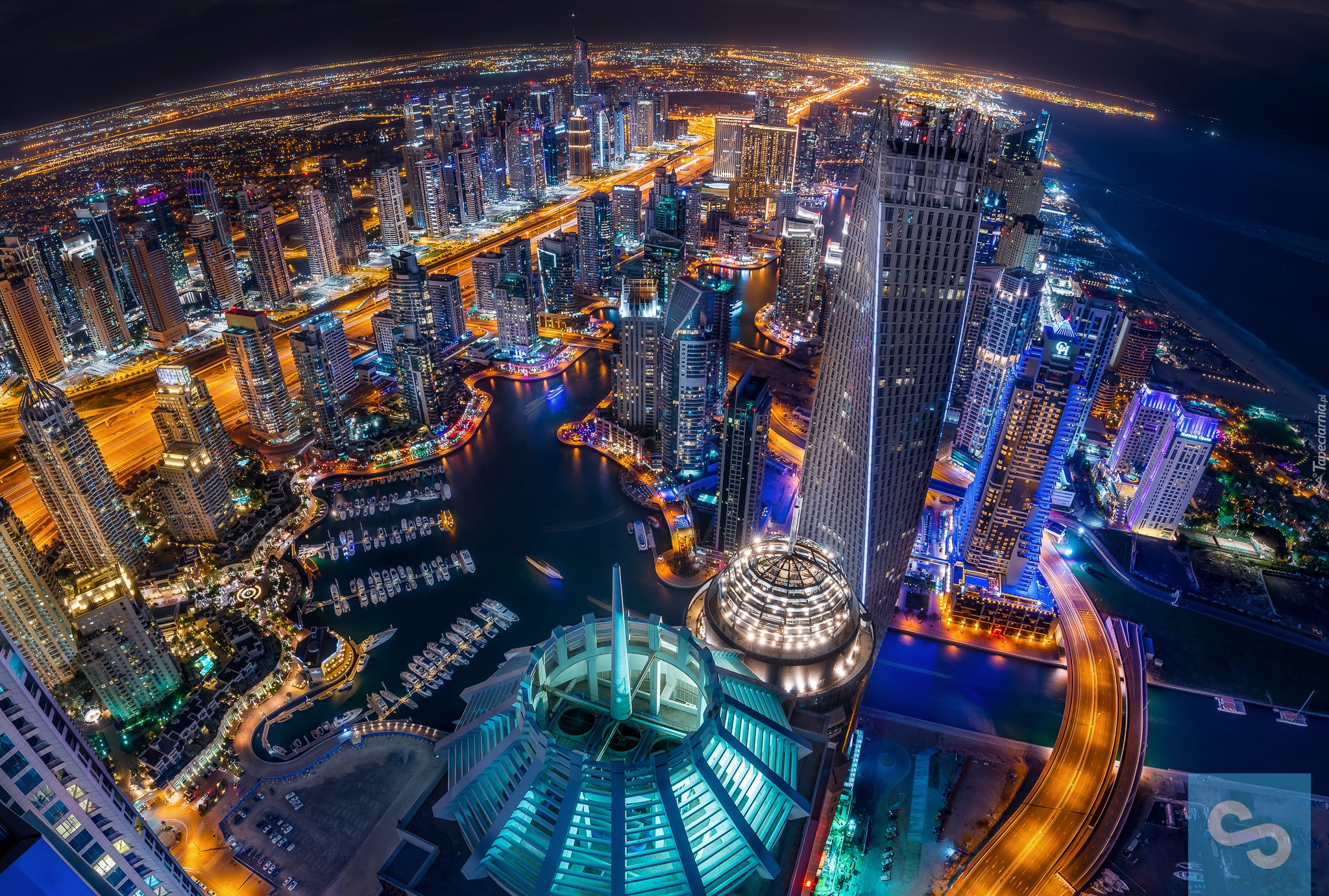 Miasto nocą, Dubaj, Widnokrąg, Z lotu ptaka
