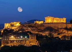 Akropol ateński, Ruiny, Ateny, Grecja, Księżyc, Noc