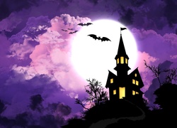 Halloween, Dom, Księżyc, Nietoperze, Noc