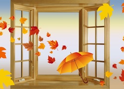 Grafika, Okno, Parasol, Liście