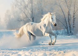 Biały koń galopujący po śniegu