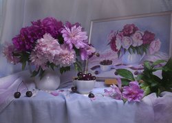 Kwiaty, Bukiet kwiatów, Piwonie, Wazon, Obraz, Czereśnie, Serweta