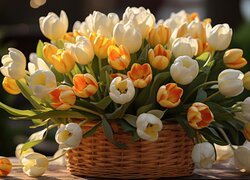 Bukiet żółtych i białych tulipanów w koszu
