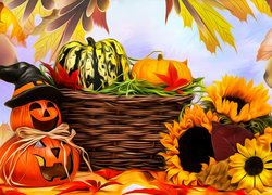 Halloween, Liście, Koszyk, Dynie, Kwiaty, Słoneczniki