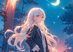 Długowłosa dziewczyna w płaszczu na tle księżyca w anime