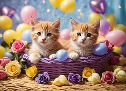 Dwa małe kotki w koszyku obok kolorowych róż