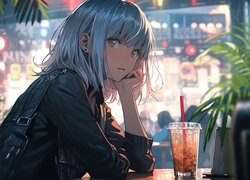 Dziewczyna przy kawiarnianym stoliku w anime