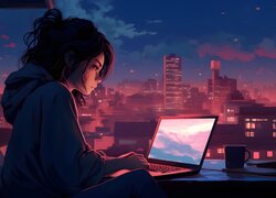 Dziewczyna z laptopem pod oknem nocną porą w anime
