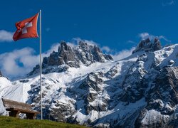 Szwajcaria, Ośnieżone, Góry, Alpy, Ławka, Trawa, Flaga