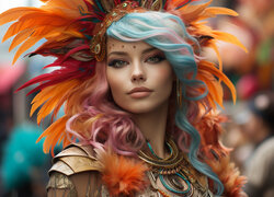Kobieta z kolorowymi włosami i piórami