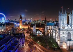 Anglia, Londyn, Opactwo Westminster, Kolegiata św. Piotra w Westminsterze, Big Ben, Koło obserwacyjne London Eye, Noc