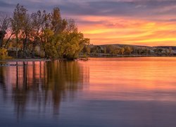 Wschód słońca, Drzewa, Jezioro, Lake Chatfield, Park stanowy Chatfield, Kolorado, Stany Zjednoczone