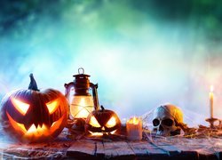 Dynie, Lampa, Świece, Czaszka, Halloween