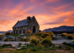 Jezioro Tekapo, Kościół Dobrego Pasterza, Church of the Good Shepherd, Kępy, Trawa, Wyspa Południowa, Nowa Zelandia