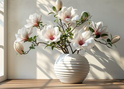 Kwiaty magnolii w białym wazonie przy oknie