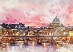 Grafika, Rzeka Tyber, Kościół, Domy, Most Ponte Umbert, Bazylika Świętego Piotra, Watykan