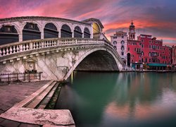 Włochy, Wenecja, Zachód słońca, Canal Grande, Most, Rialto Bridge, Domy