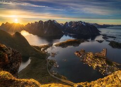 Zachód słońca, Góry, Morze, Lofty, Norwegia