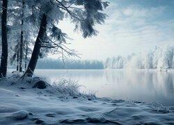 Oszronione drzewa w śniegu na brzegu jeziora