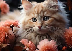 Puszysty rudawy kot wśród kwiatów
