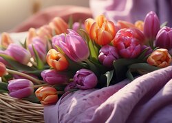 Kolorowe, Tulipany, Kosz, Tkanina