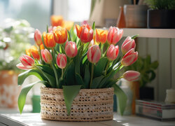 Kwiaty, Tulipany, Koszyk, Doniczki, Okno