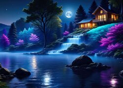 Rozświetlony księżycowym blaskiem oświetlony dom i drzewa przy wodospadzie nad rzeką