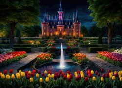 Tulipany na rabatach obok fontanny przy oświetlonym nocą zamku