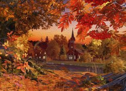 Jesień, Drzewa, Liście, Rzeka, Kościół, Grafika
