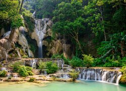 Wodospad Kuang Si, Las, Drzewa, Skały, Kaskada, Prowincja Louangphrabang, Laos