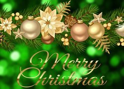 Boże Narodzenie, Girlanda, Życzenia, Kartka, Grafika, Zielone tło