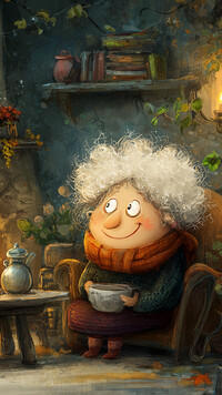 Babcia w ciepłym ubraniu z filiżanką przy stole w izbie