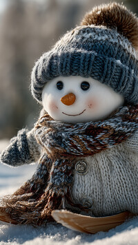 Bałwanek w swetrze oraz czapce i szaliku na nartach