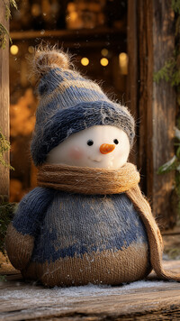 Bałwanek w ubranku i czapce na parapecie starego okna