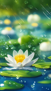 Biała lilia wodna w padającym deszczu