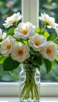 Białe kwiaty w szklanym wazonie na okiennym parapecie