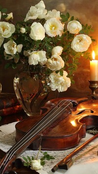 Białe róże w wazonie obok skrzypiec