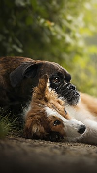 Bokser i border collie leżące na trawie