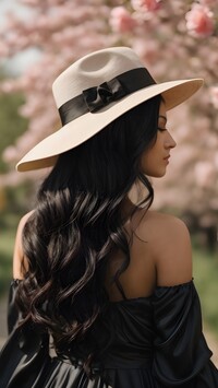 Brunetka w kapeluszu i czarnej sukience