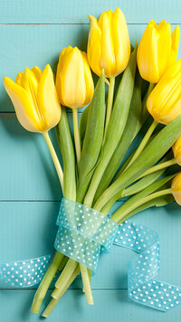 Bukiet żółtych tulipanów na niebieskich deskach